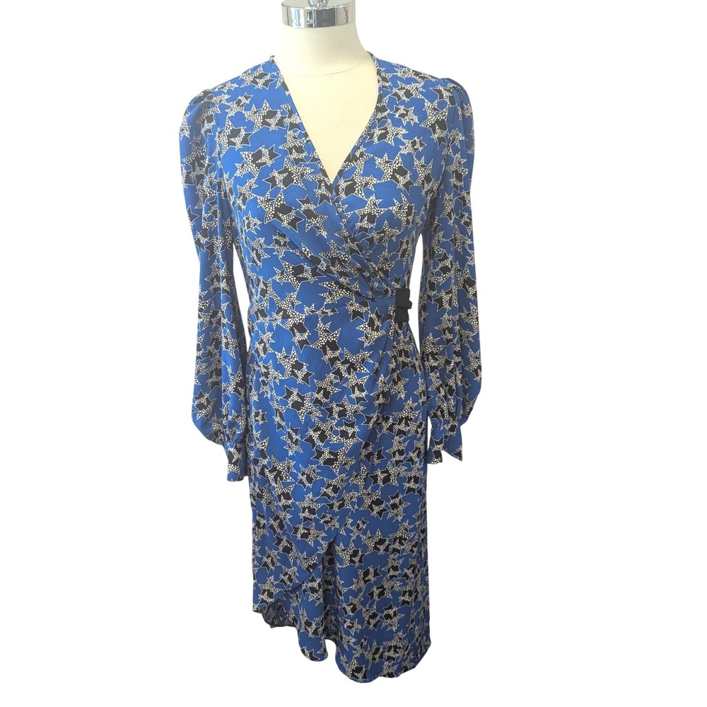 Diane Von Furstenberg DVF Star Print Wrap‎ Dress Blue Black White Size 2
